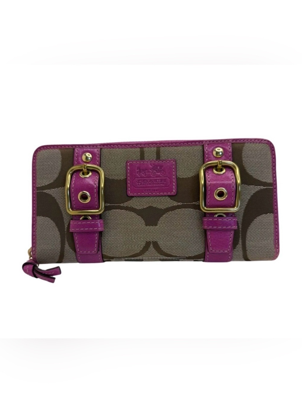 Coach Signature Canvas SoHo Buckle Zip Around Wallet Brown & Pink